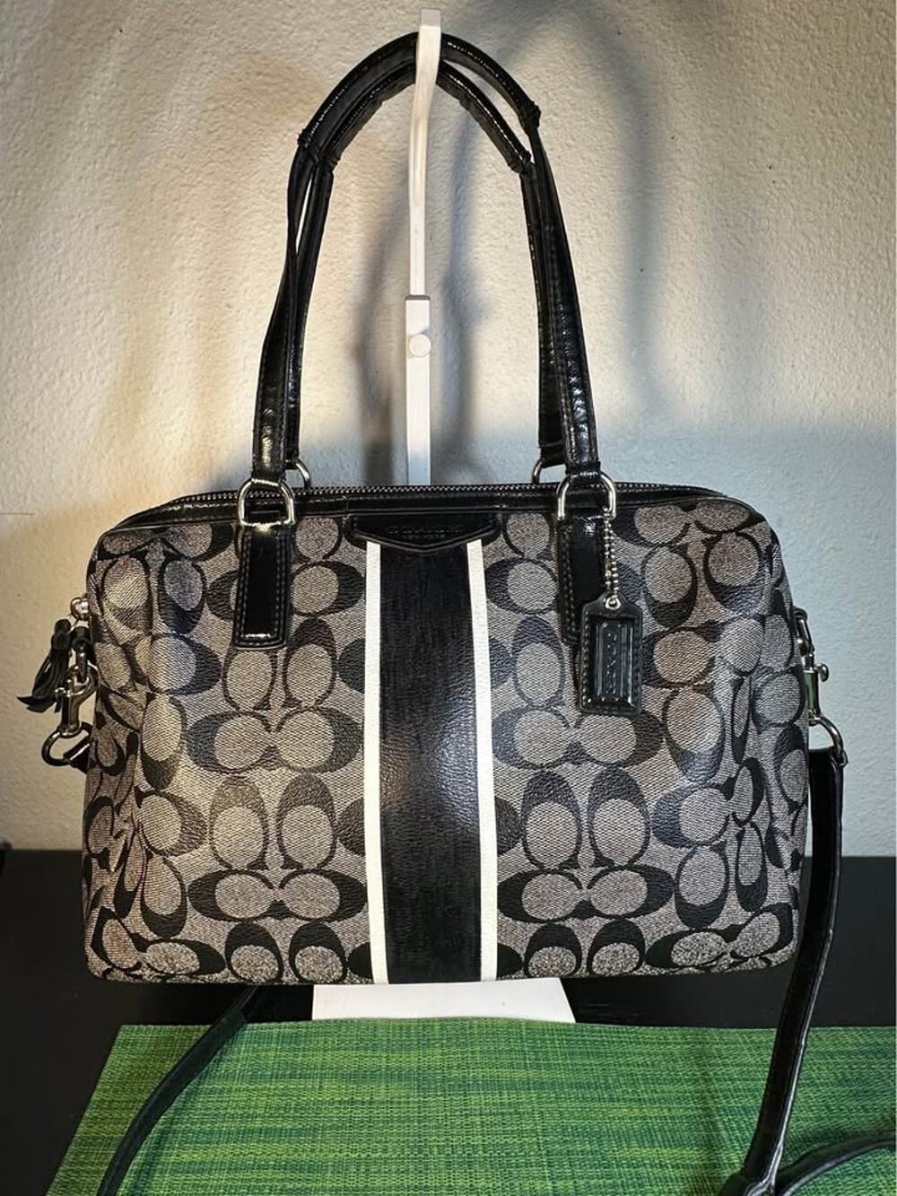 Coach Signature Stripe Nancy Satchel Crossbody Bag (Black/Grey)